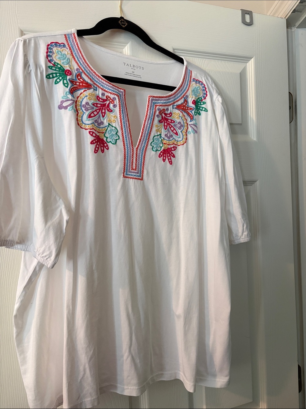 Talbots White Cotton Tunic with Multicolor Embroidery